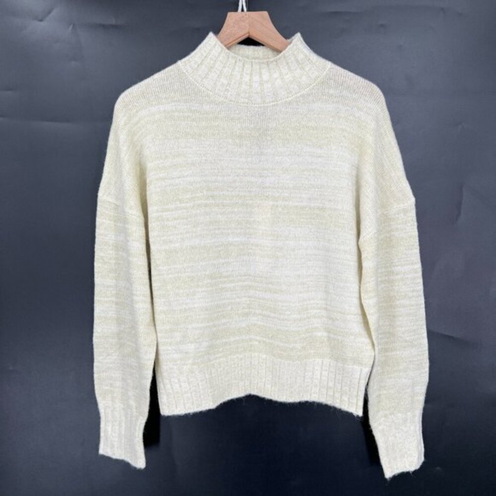 New NSR mock‎ neck sparkle metallic sweater wool blend cream gold eyelash knit M